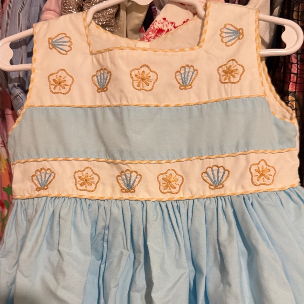 Embroidered Shells Light Blue & Cream Girls Dress - Picture 5 of 5